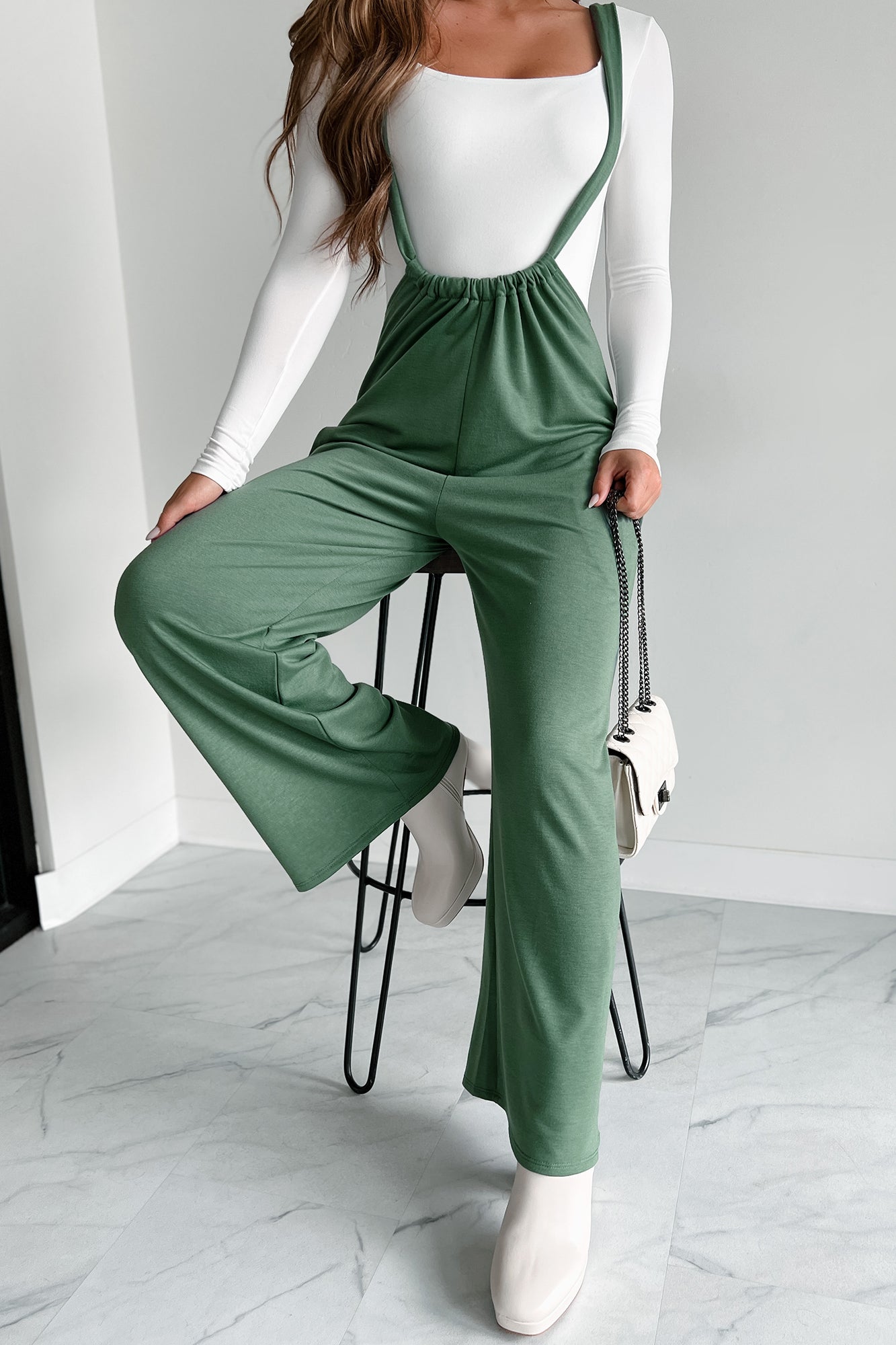 Message Received Wide Leg Suspender Jumpsuit (Military Green) - NanaMacs