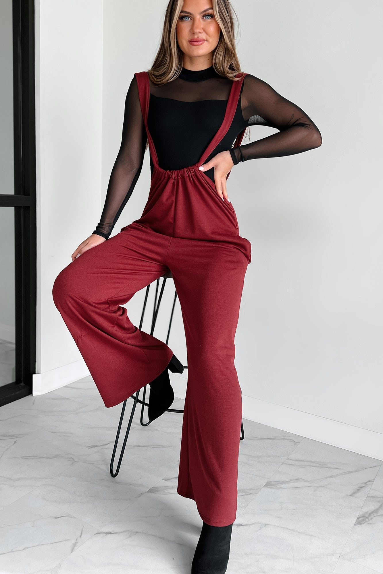 Message Received Wide Leg Suspender Jumpsuit (Wine) - NanaMacs