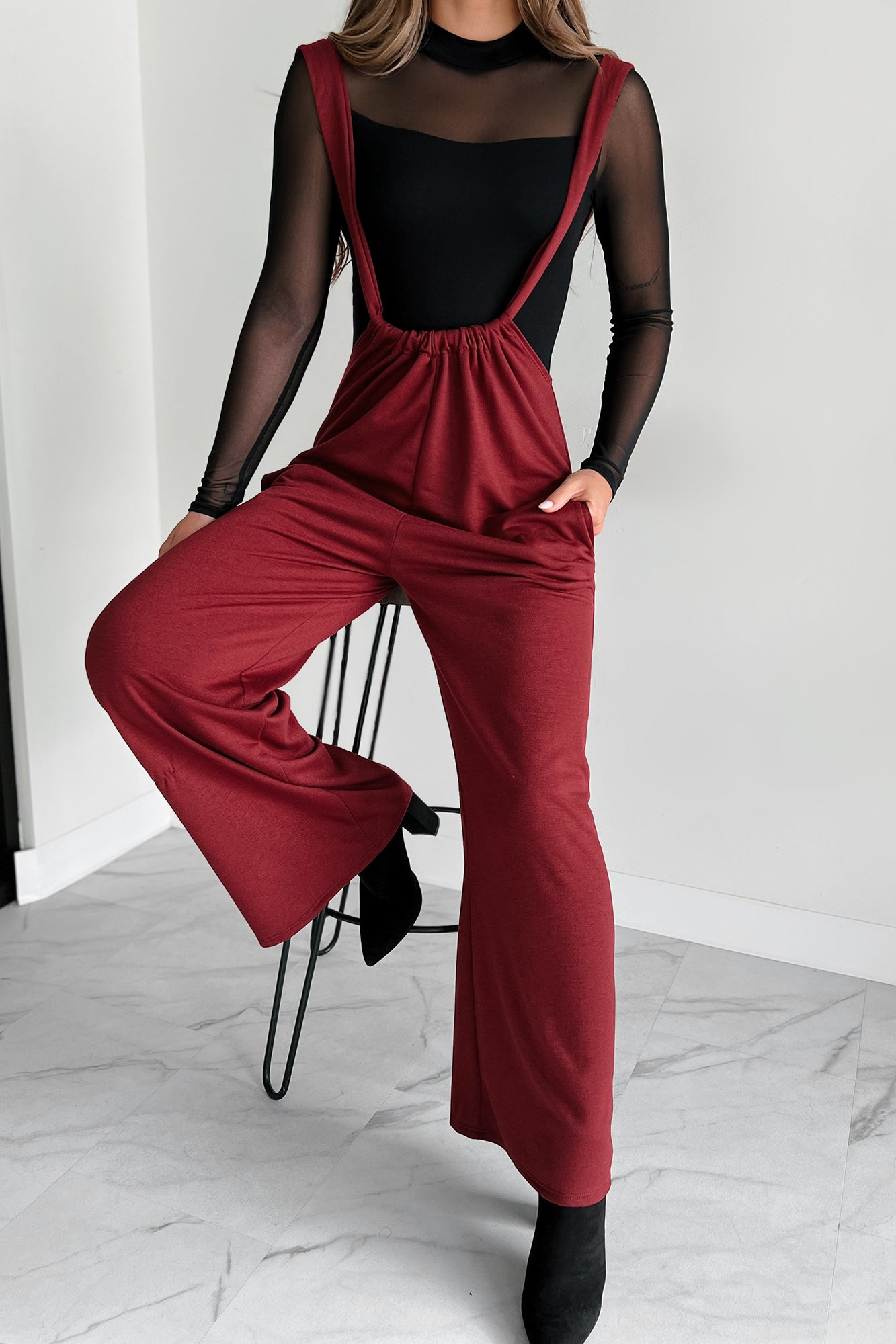 Message Received Wide Leg Suspender Jumpsuit (Wine) - NanaMacs