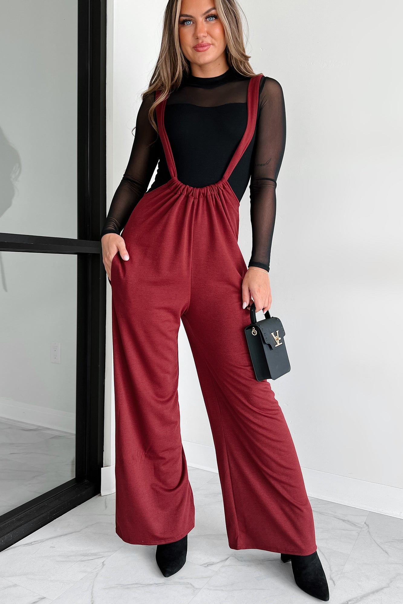 Message Received Wide Leg Suspender Jumpsuit (Wine) - NanaMacs