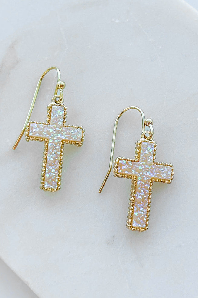 Gotta Have Faith Druzy Cross Dangle Earrings (Gold) - NanaMacs