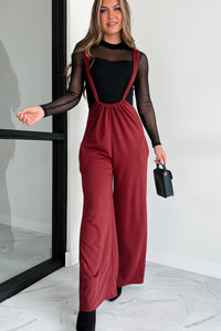 Message Received Wide Leg Suspender Jumpsuit (Wine) - NanaMacs