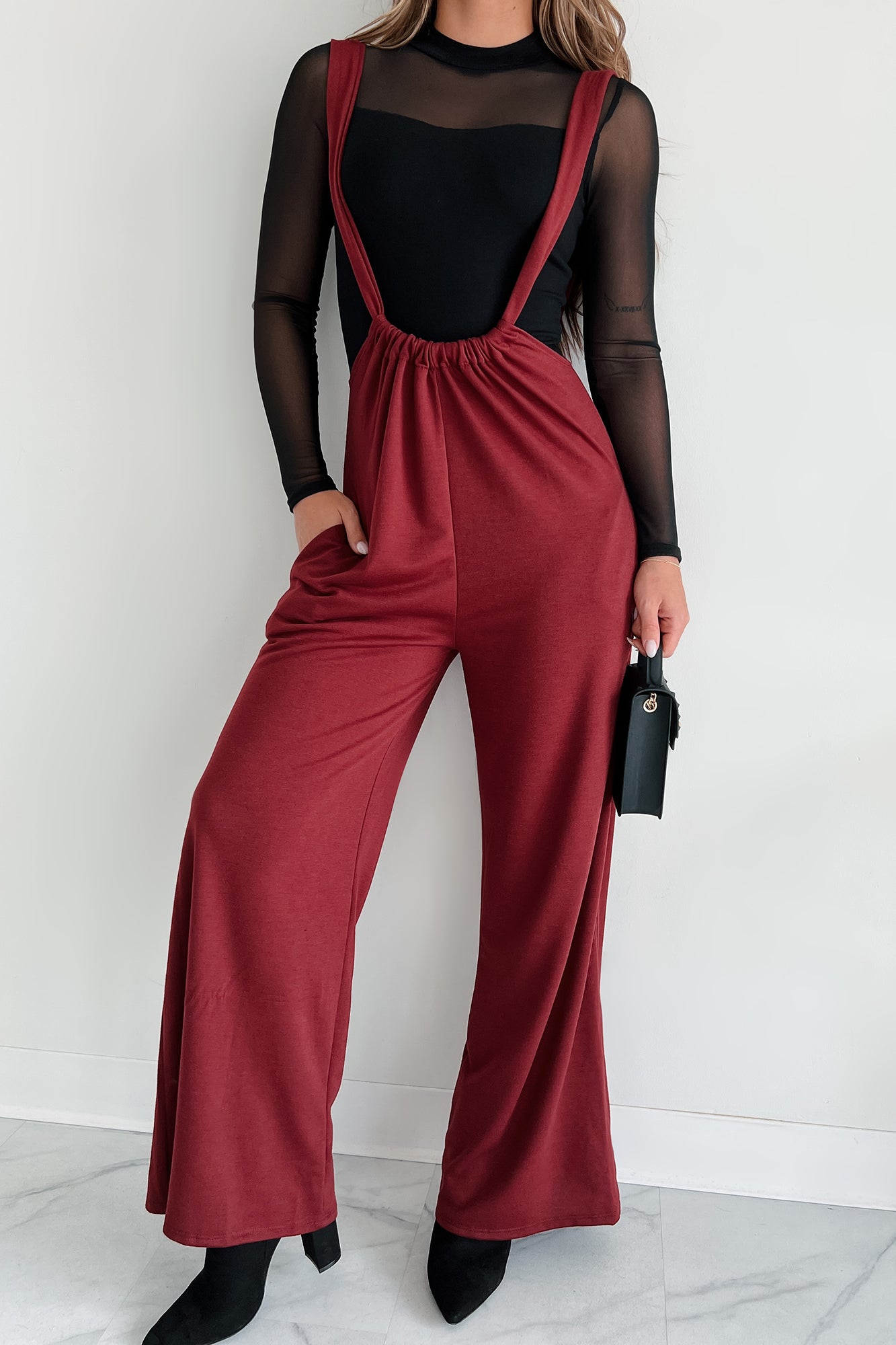 Message Received Wide Leg Suspender Jumpsuit (Wine) - NanaMacs