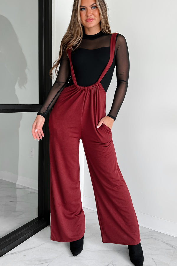 Message Received Wide Leg Suspender Jumpsuit (Wine) - NanaMacs