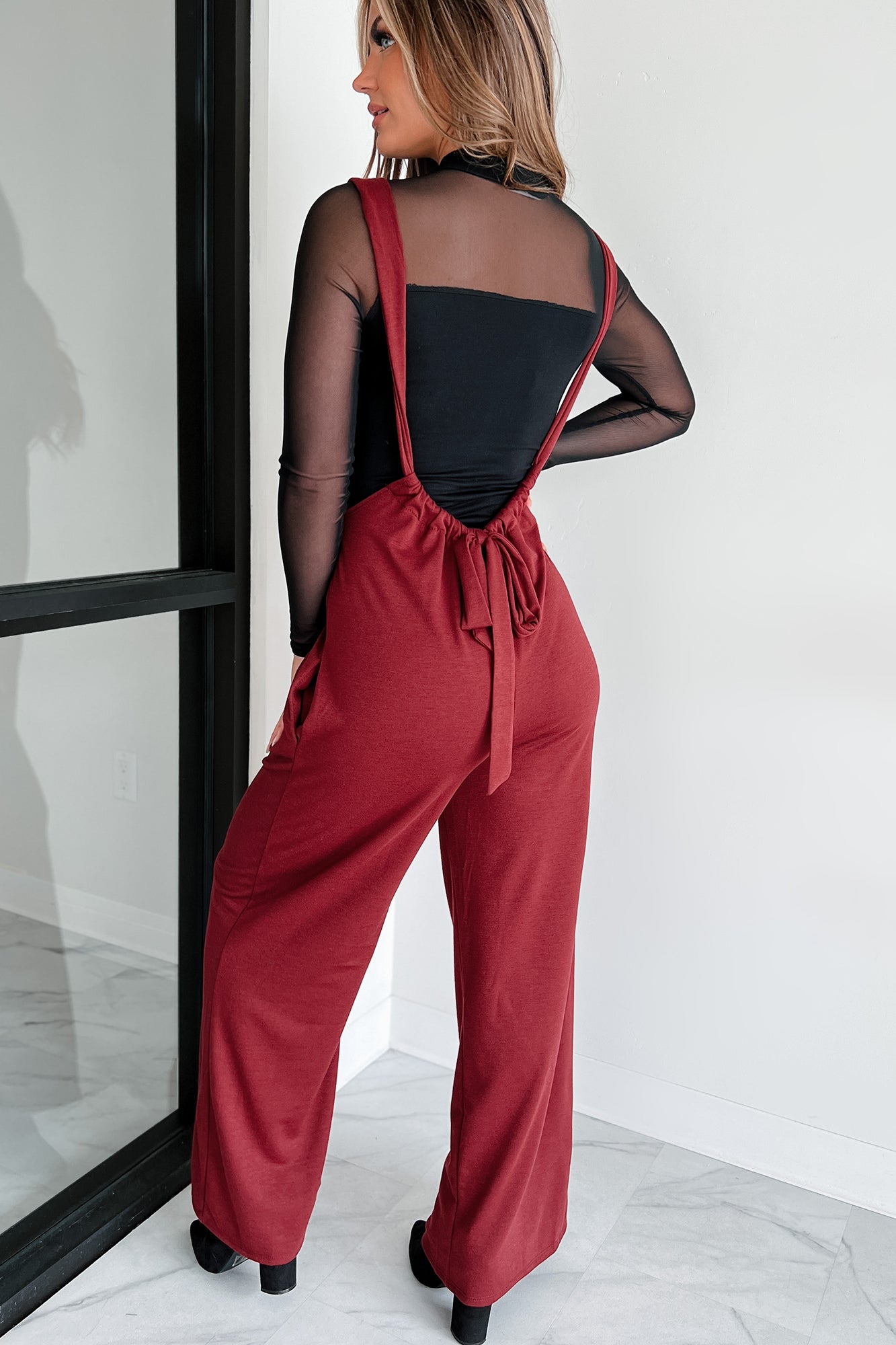 Message Received Wide Leg Suspender Jumpsuit (Wine) - NanaMacs