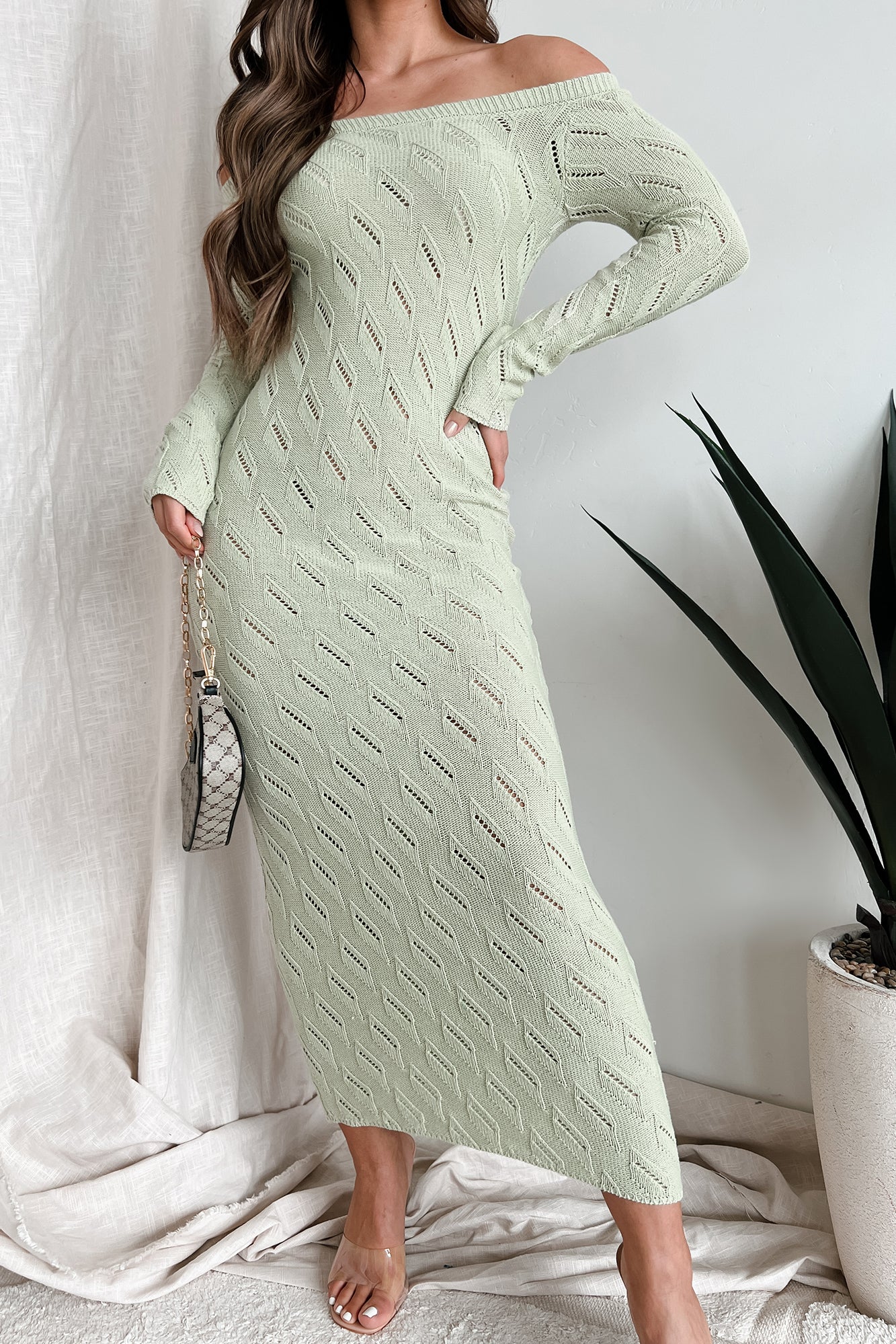Successfully Stylish Off The Shoulder Sweater Maxi Dress (Sage) - NanaMacs