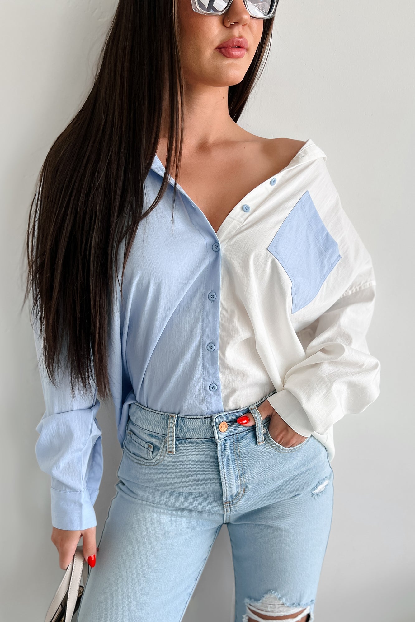 Pristine Reputation Colorblock Button-Down Shirt (Sky Blue) - NanaMacs