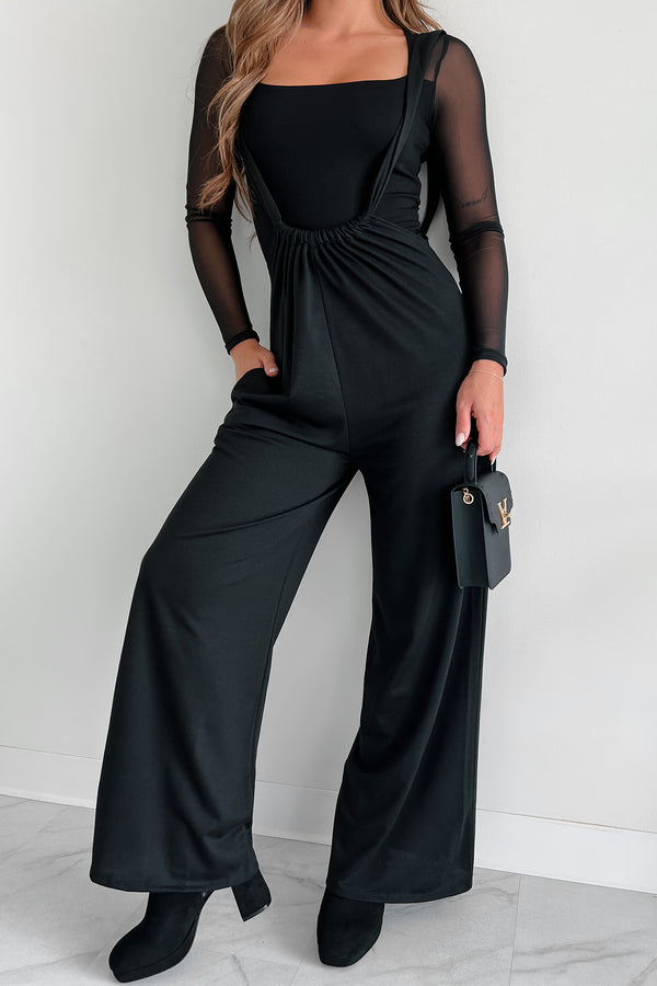 Message Received Wide Leg Suspender Jumpsuit (Black) - NanaMacs