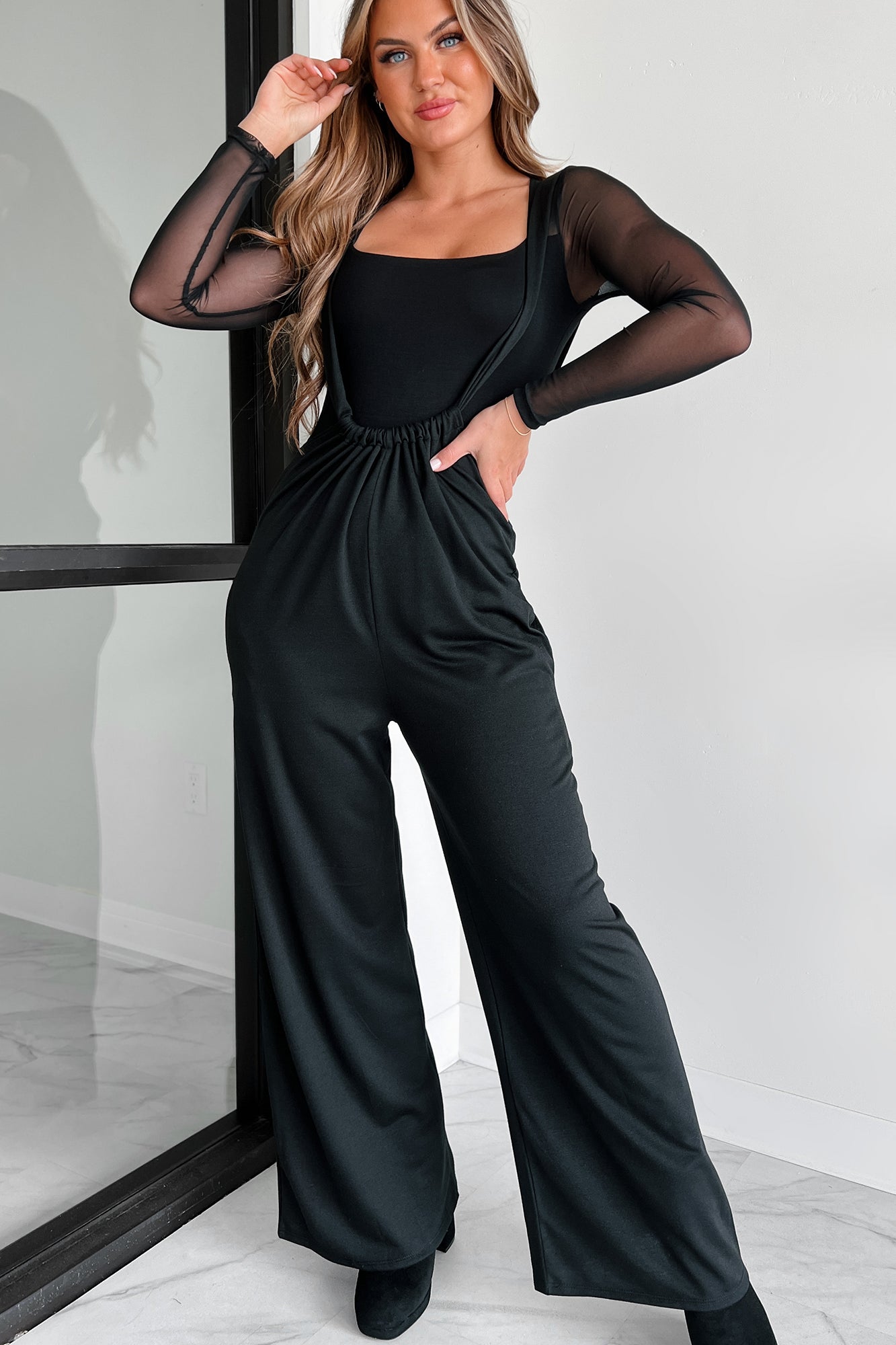 Message Received Wide Leg Suspender Jumpsuit (Black) - NanaMacs