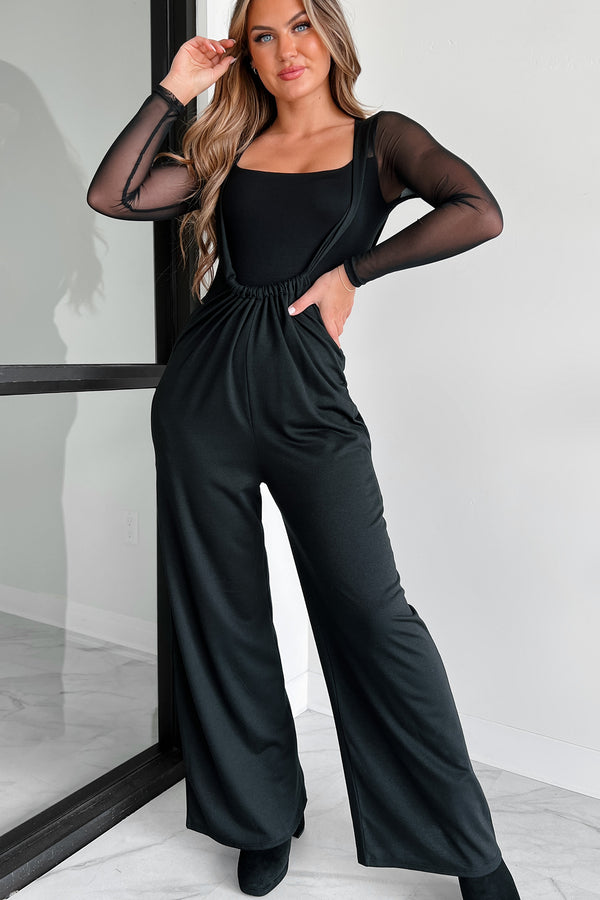 Message Received Wide Leg Suspender Jumpsuit (Black) - NanaMacs