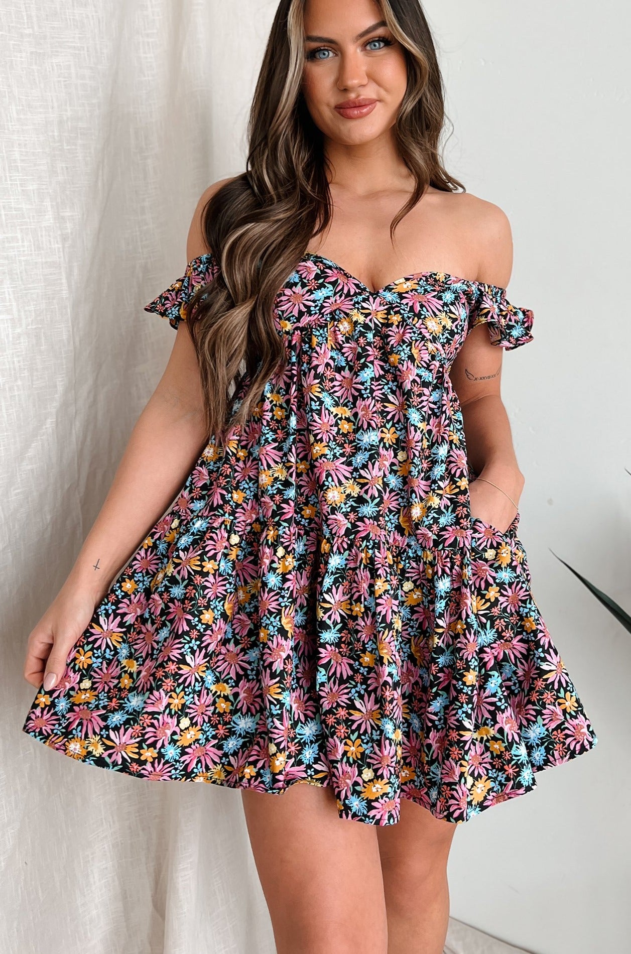 Emmaline Floral Babydoll Dress (Black/Pink) - NanaMacs