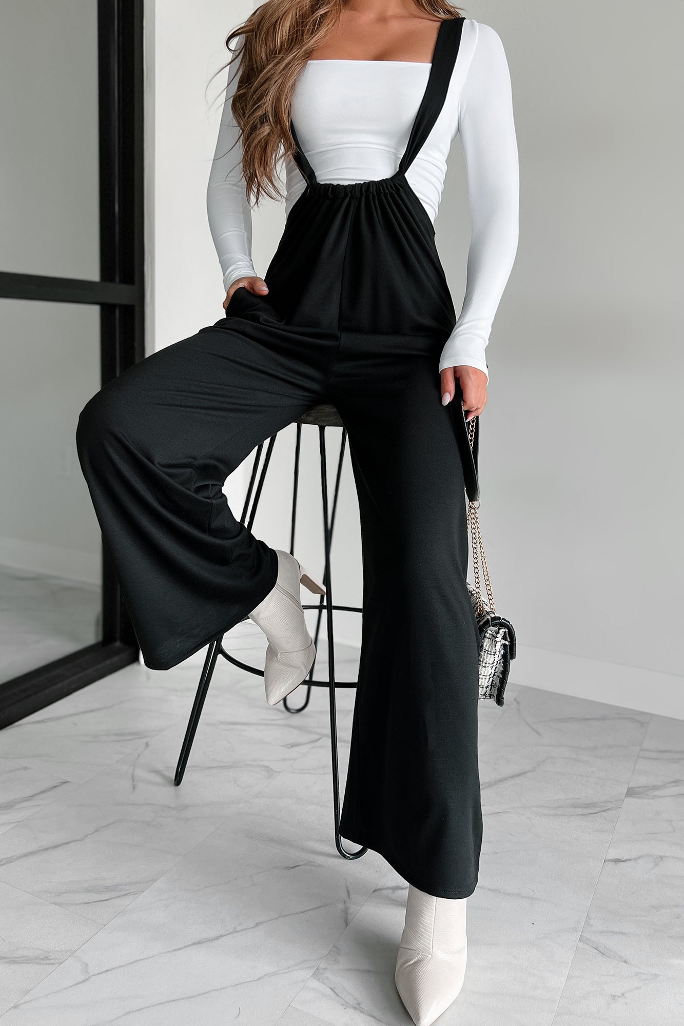 Message Received Wide Leg Suspender Jumpsuit (Black) - NanaMacs