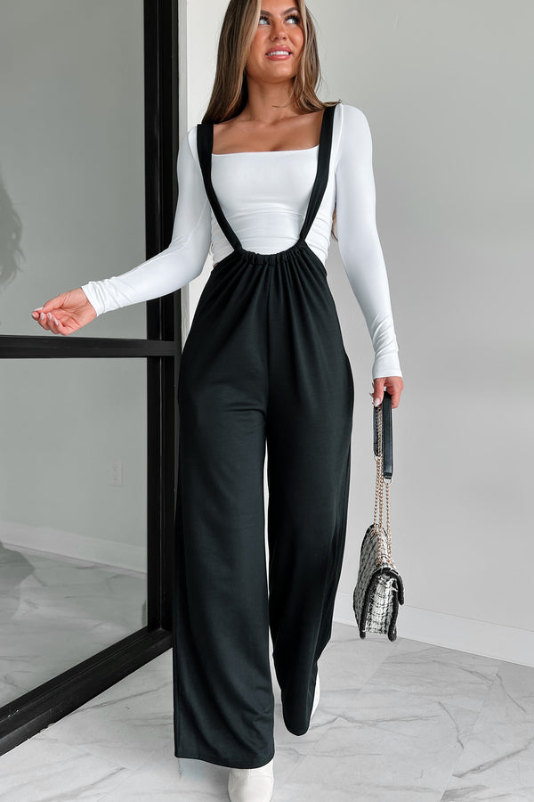 Message Received Wide Leg Suspender Jumpsuit (Black) - NanaMacs