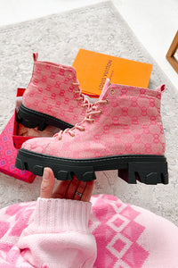 Can You Blame Me Printed Lace-Up Lug Sole Booties (Pink) - NanaMacs