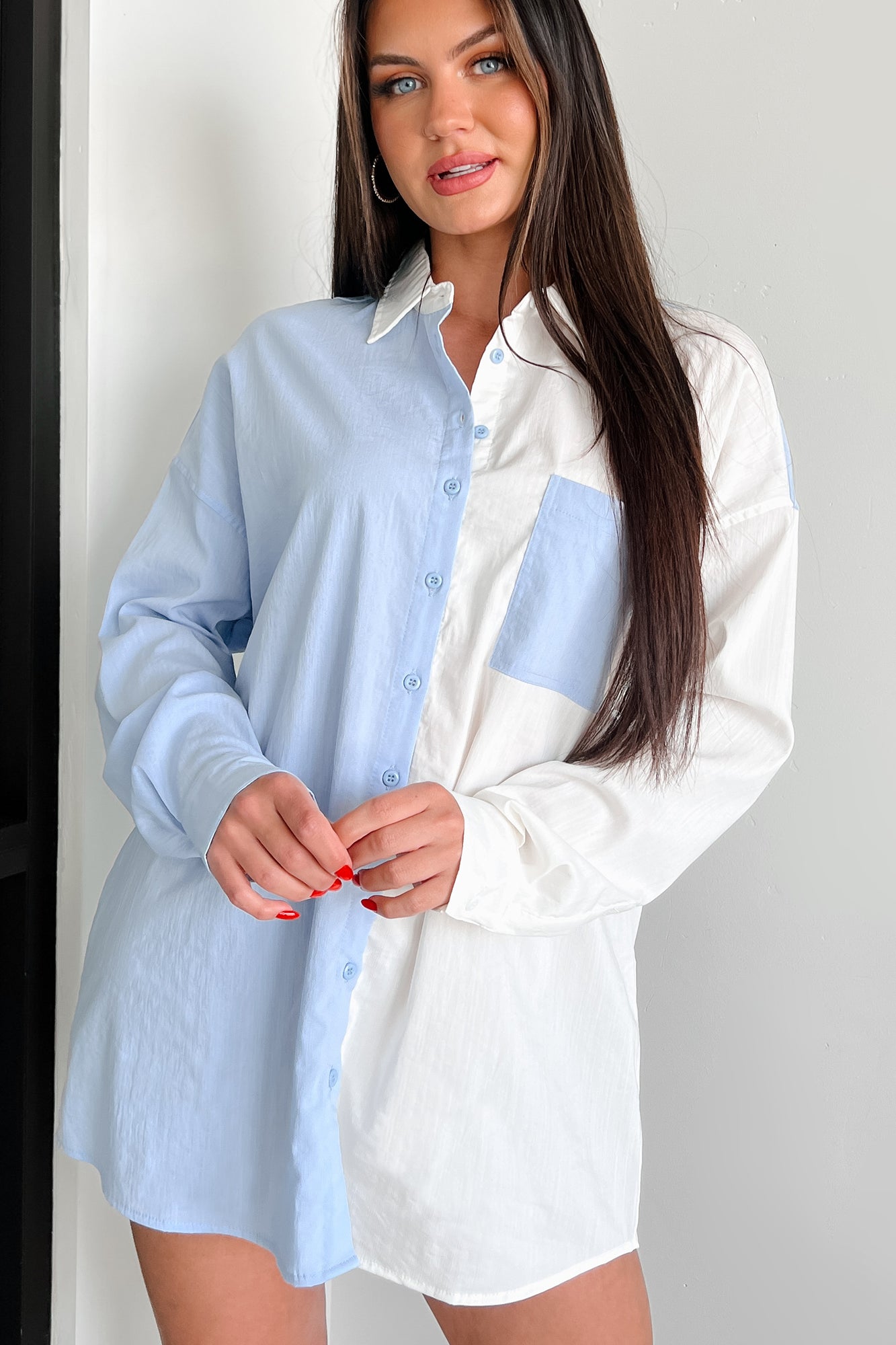 Pristine Reputation Colorblock Button-Down Shirt (Sky Blue) - NanaMacs