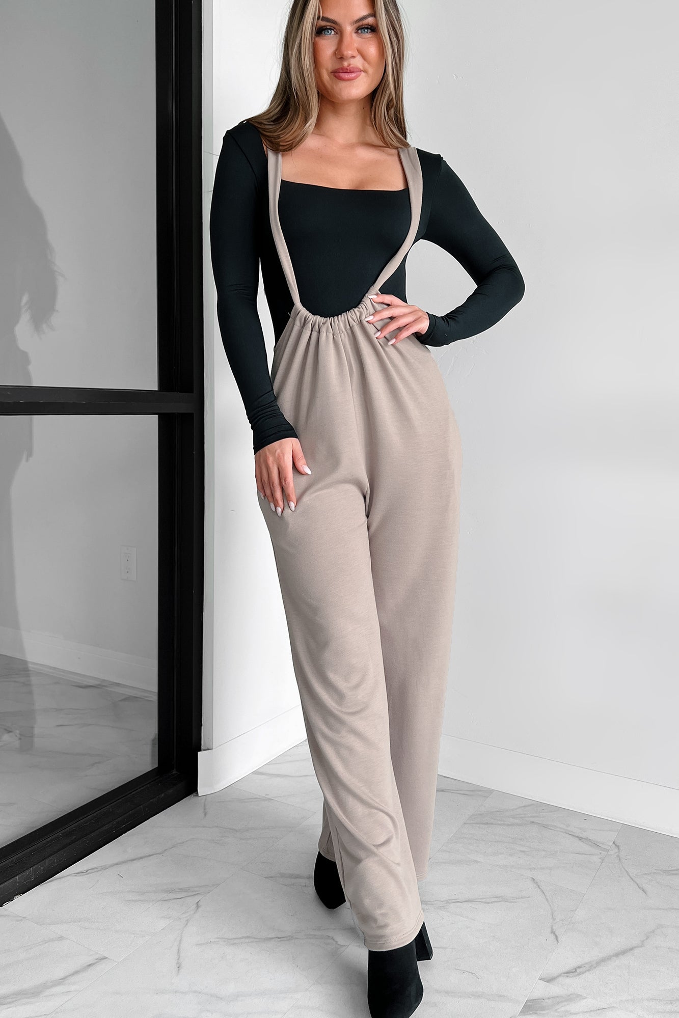 Message Received Wide Leg Suspender Jumpsuit (Mocha) - NanaMacs