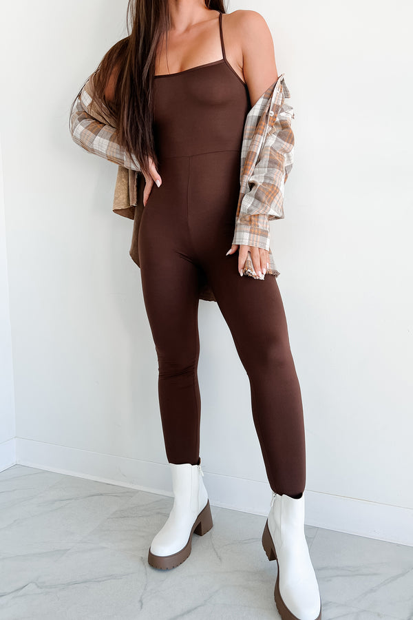 Time To Walk Away Lace-Up Back Jumpsuit (Coffee) - NanaMacs