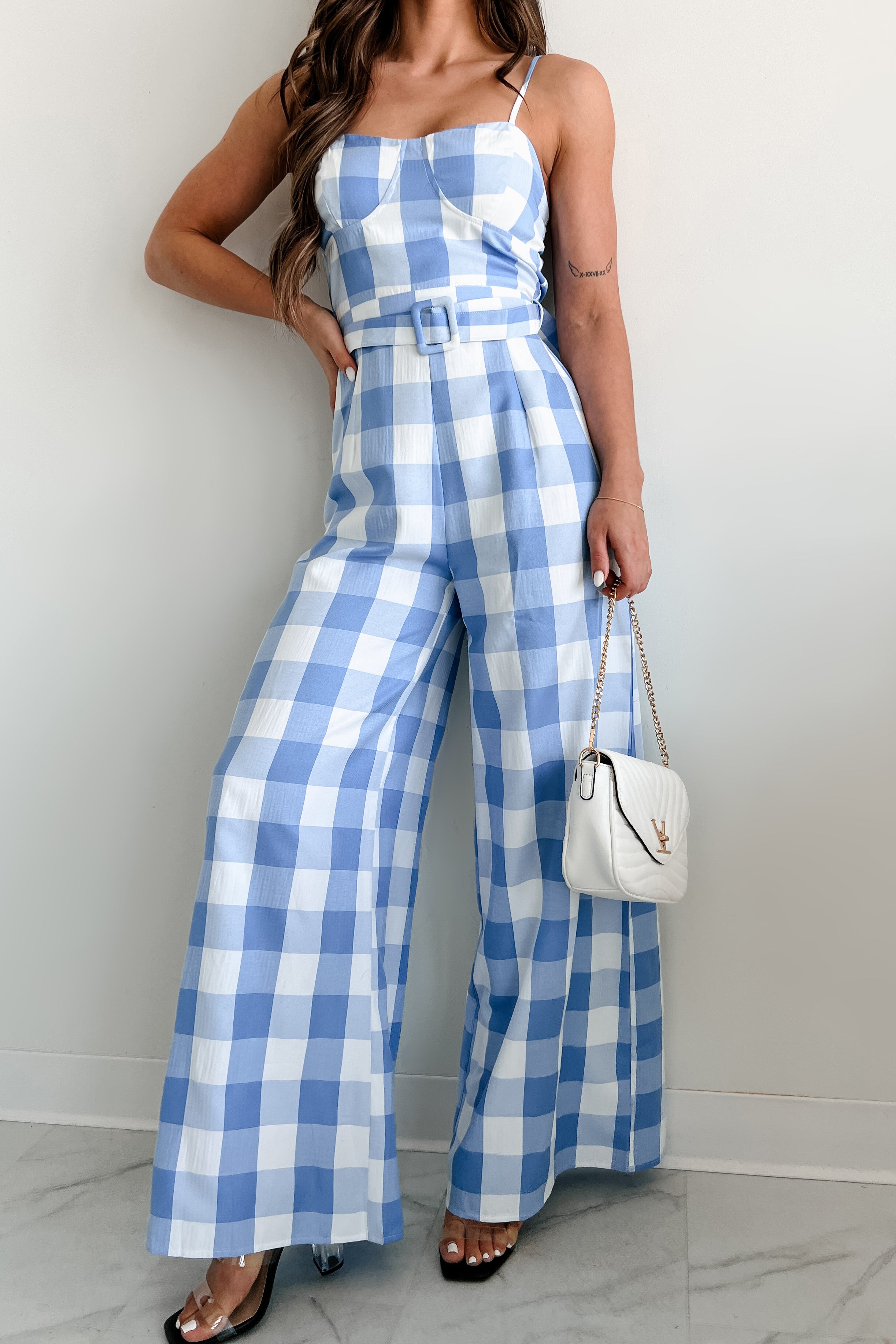 Doing Life With You Belted Gingham Jumpsuit (Blue) - NanaMacs