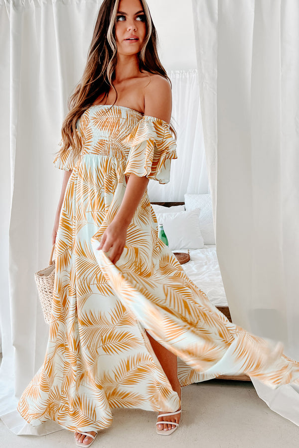 Leaving On A Getaway Off The Shoulder Maxi Dress (Light Blue/Yellow) - NanaMacs