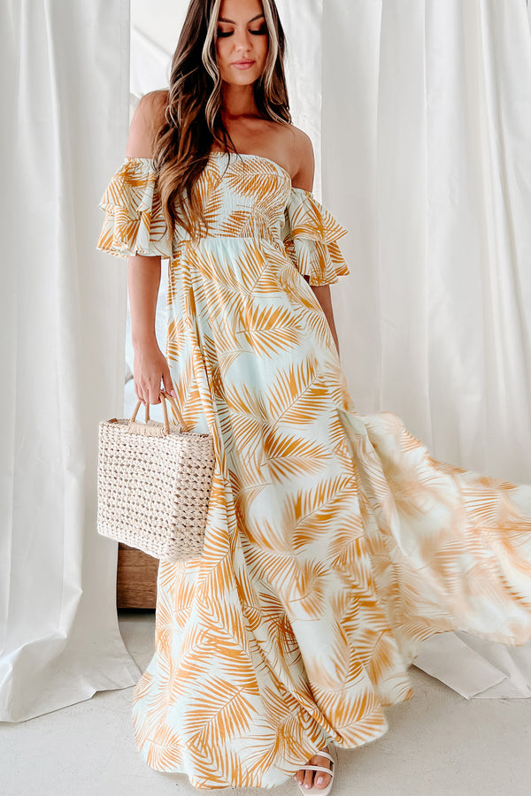 Leaving On A Getaway Off The Shoulder Maxi Dress (Light Blue/Yellow) - NanaMacs