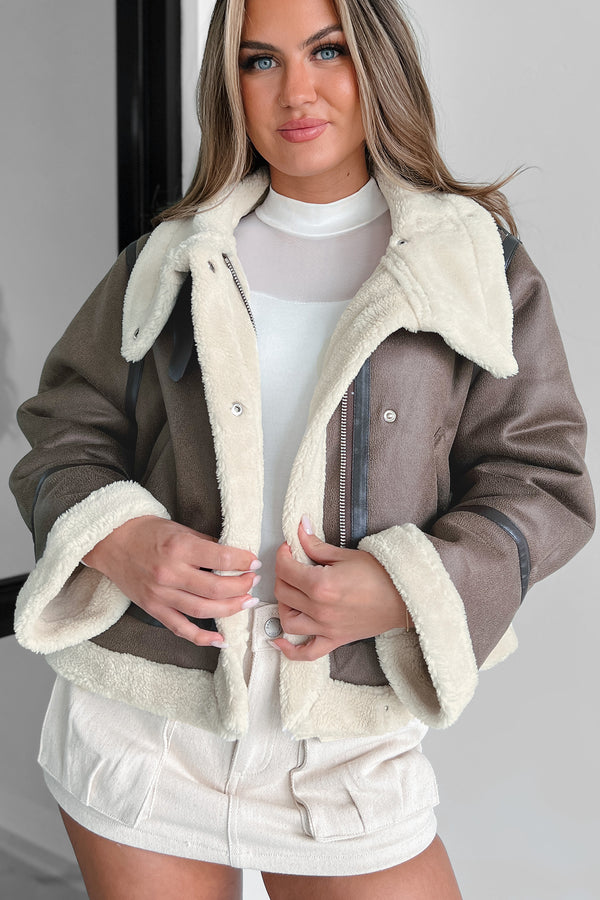 Roughing It Sherpa Lined Faux Leather Jacket (Mocha) - NanaMacs