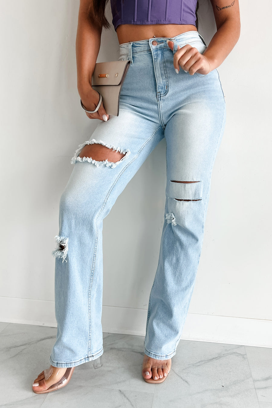 Only Good Days High Rise Distressed Wide Leg Jeans (Light) - NanaMacs
