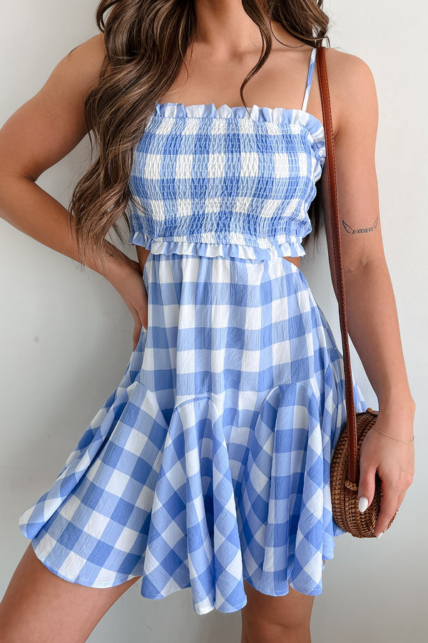 Carnival Cutie Cut-Out Smocked Gingham Mini Dress (Blue) - NanaMacs