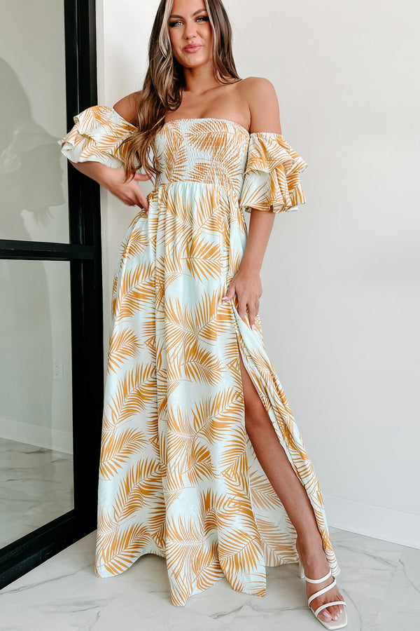 Leaving On A Getaway Off The Shoulder Maxi Dress (Light Blue/Yellow) - NanaMacs