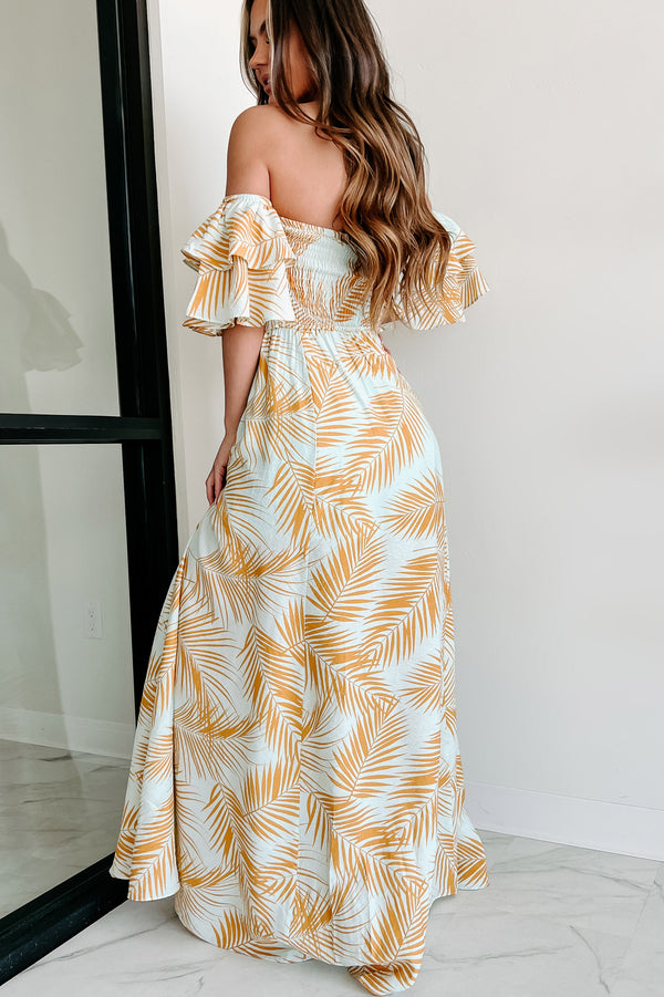 Leaving On A Getaway Off The Shoulder Maxi Dress (Light Blue/Yellow) - NanaMacs