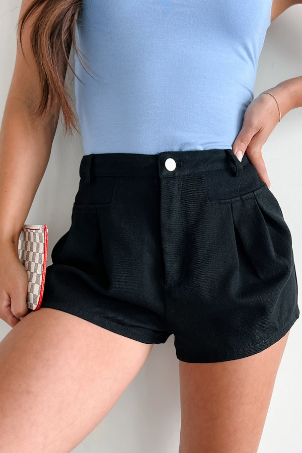 No One To Blame Pleated Denim Shorts (Black) - NanaMacs