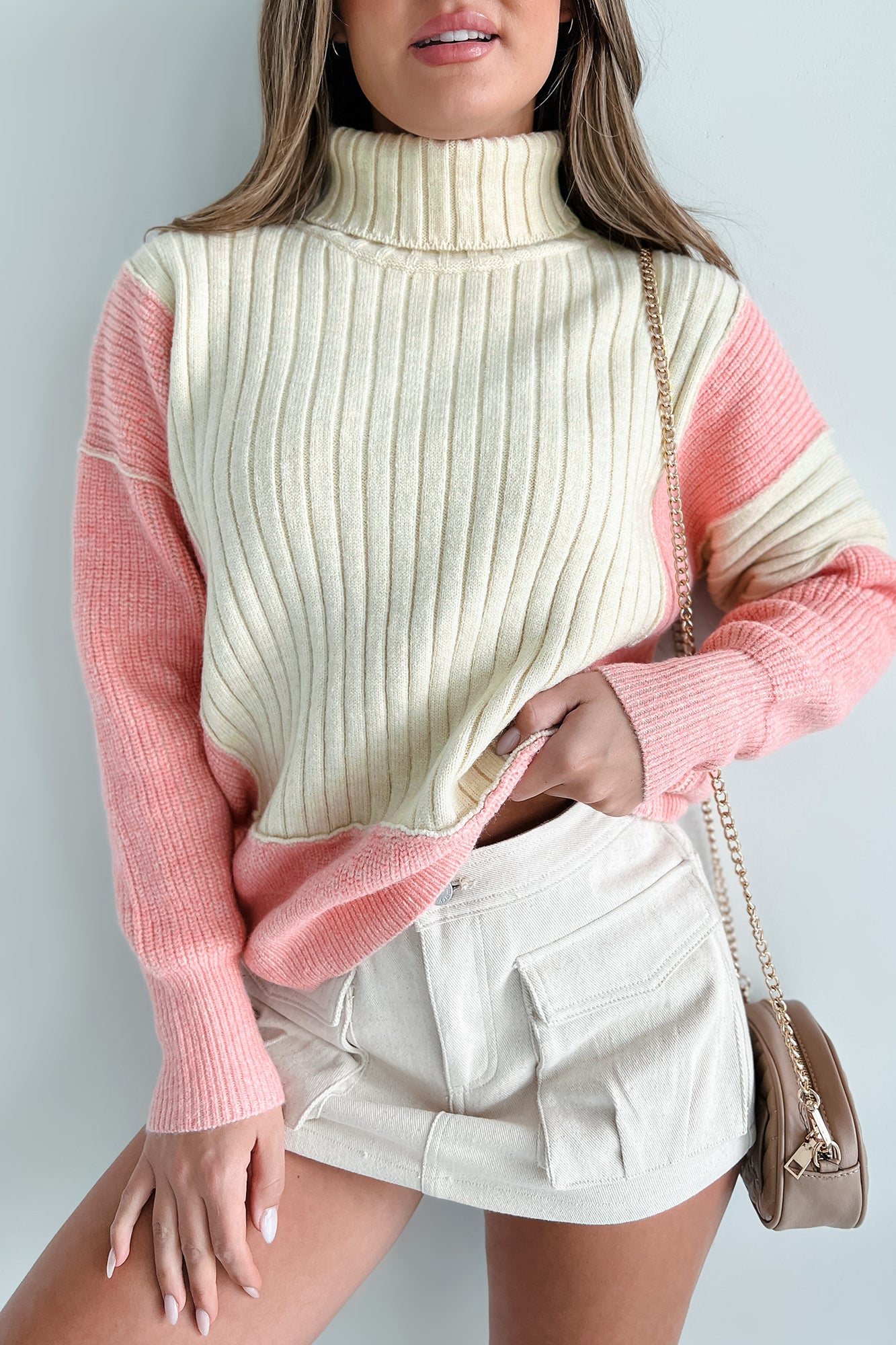 Cuteness Overload Colorblock Turtleneck Sweater (Pink Multi) - NanaMacs