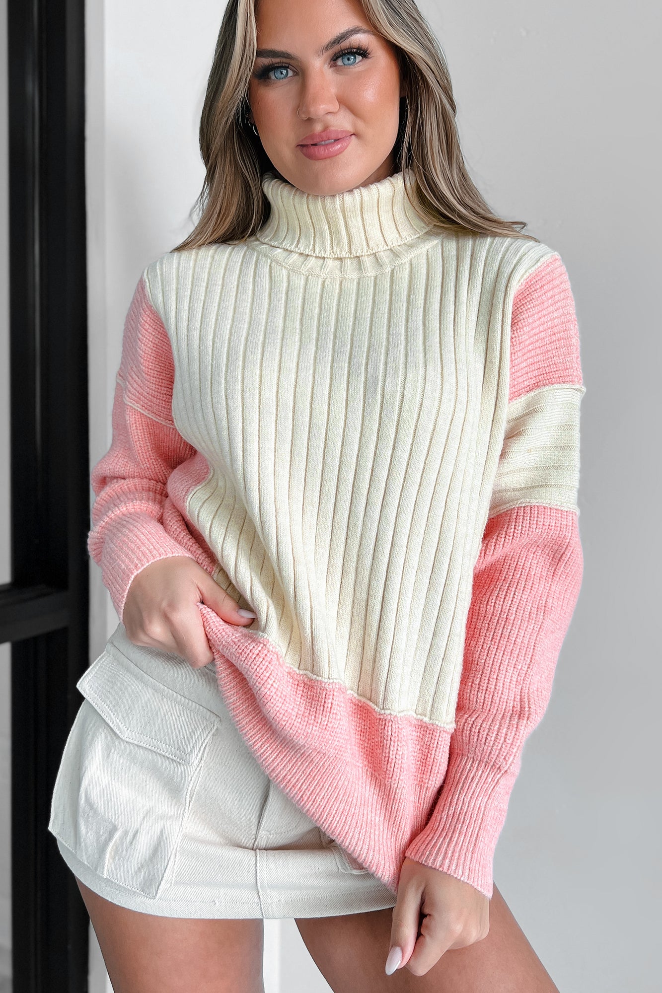 Cuteness Overload Colorblock Turtleneck Sweater (Pink Multi) - NanaMacs