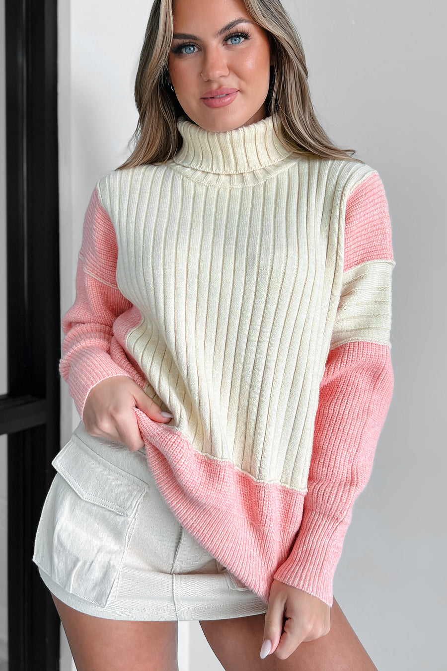 Cuteness Overload Colorblock Turtleneck Sweater (Pink Multi) - NanaMacs