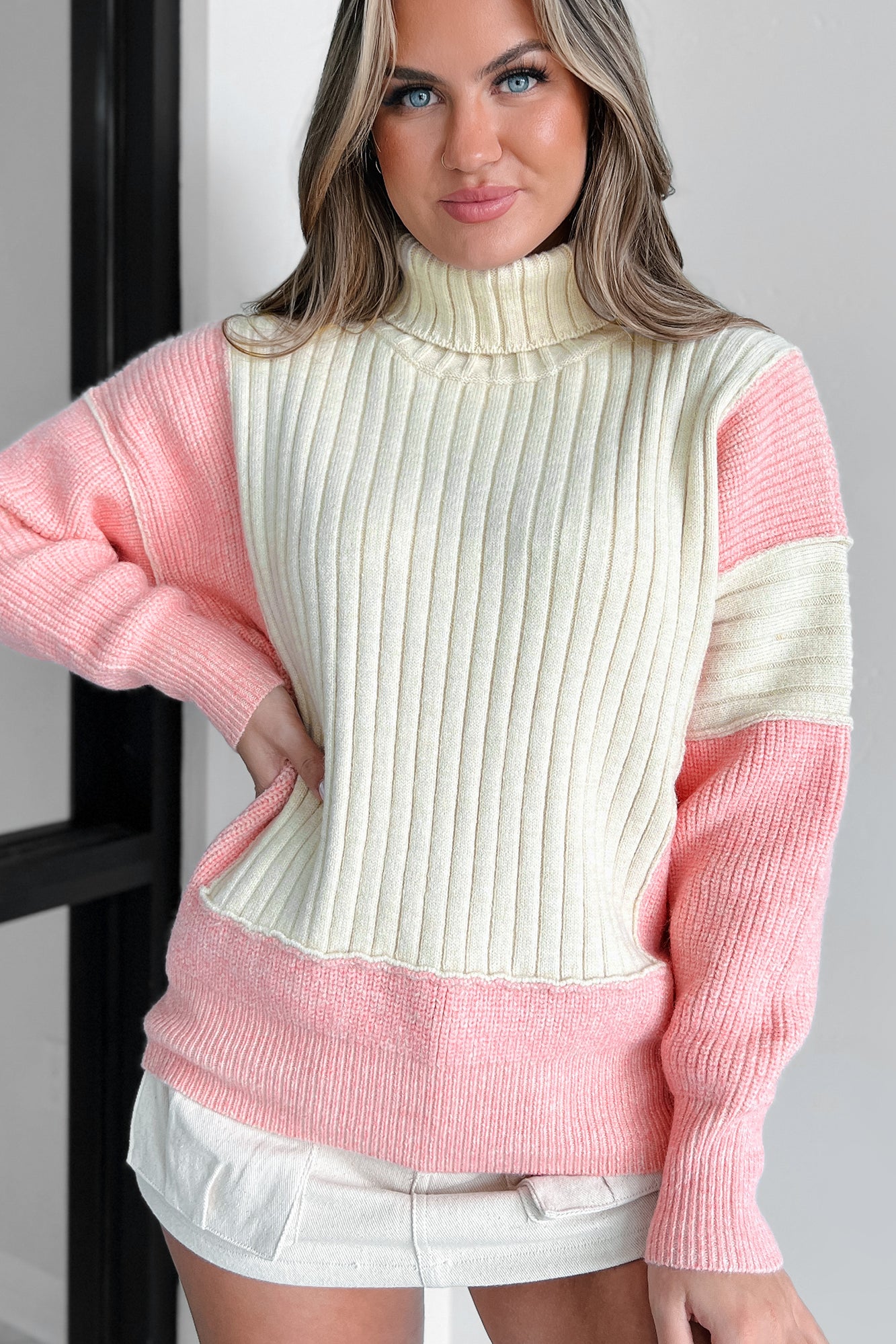 Cuteness Overload Colorblock Turtleneck Sweater (Pink Multi) - NanaMacs