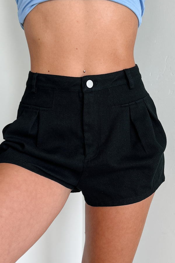 No One To Blame Pleated Denim Shorts (Black) - NanaMacs