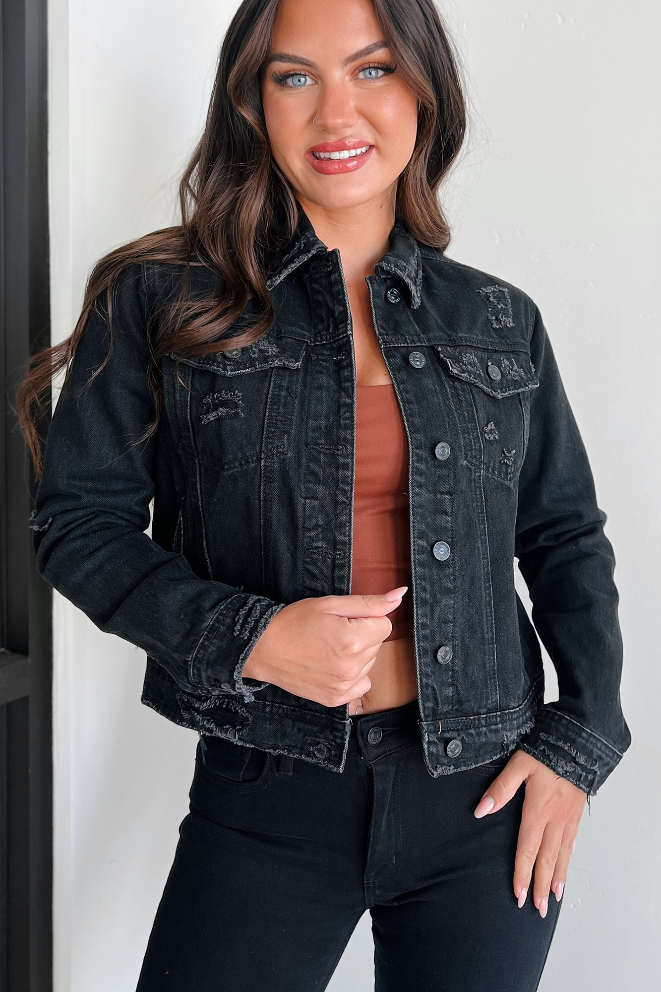 If We Meet Again Distressed Denim Jacket (Black) - NanaMacs