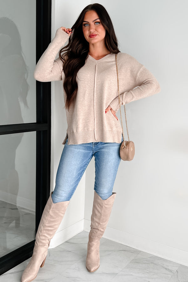 Chiara Ribbed Back V-Neck Sweater (Oatmeal) - NanaMacs