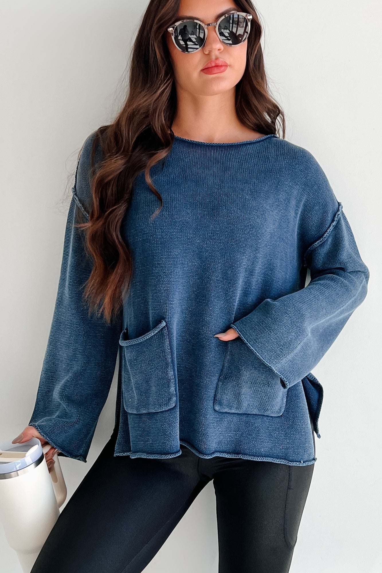 Humor Me Pocketed Sweater Top (Midnight Blue) - NanaMacs