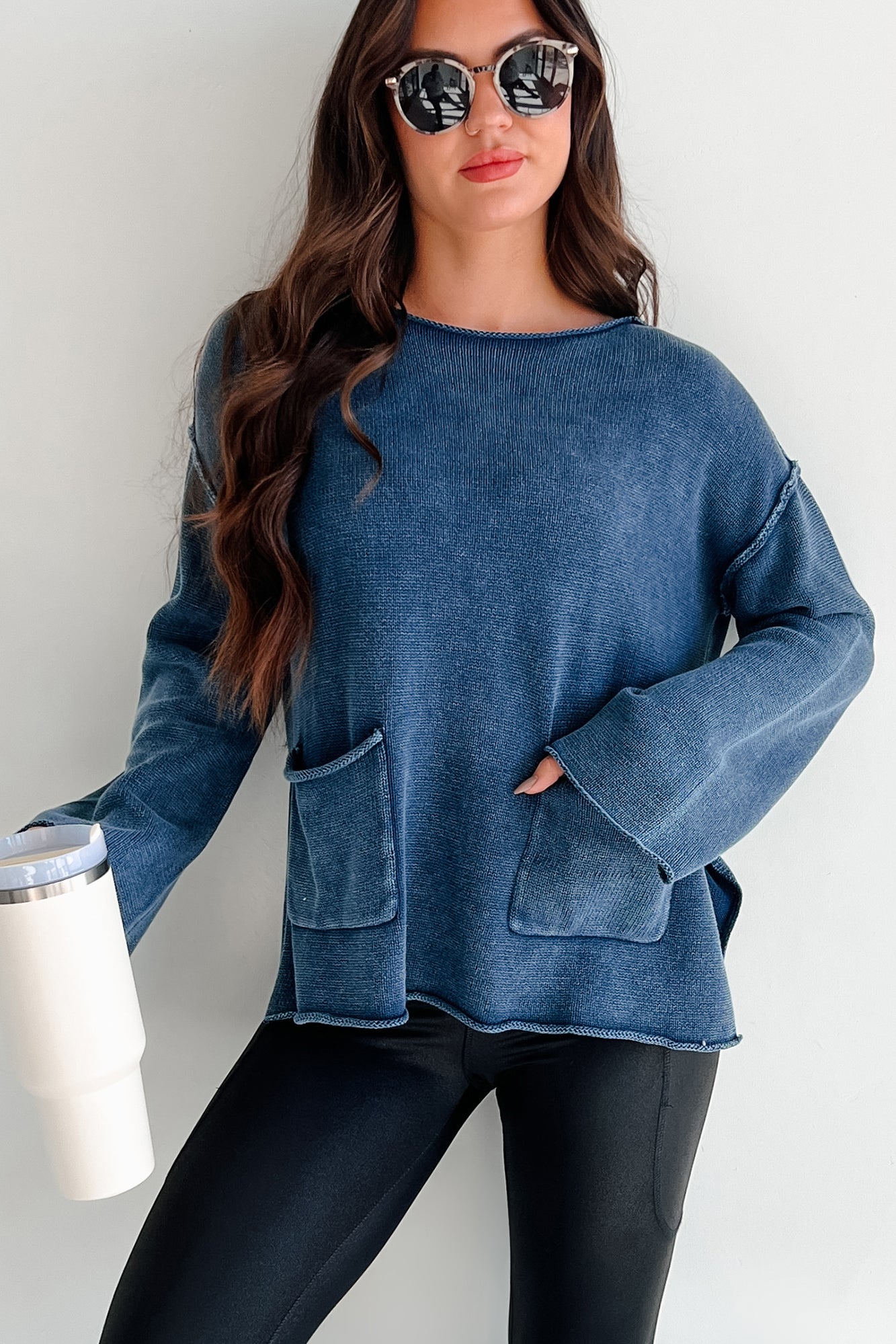 Humor Me Pocketed Sweater Top (Midnight Blue) - NanaMacs