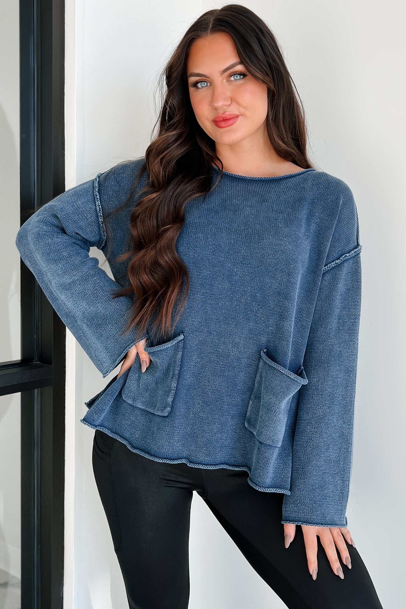 Humor Me Pocketed Sweater Top (Midnight Blue) - NanaMacs