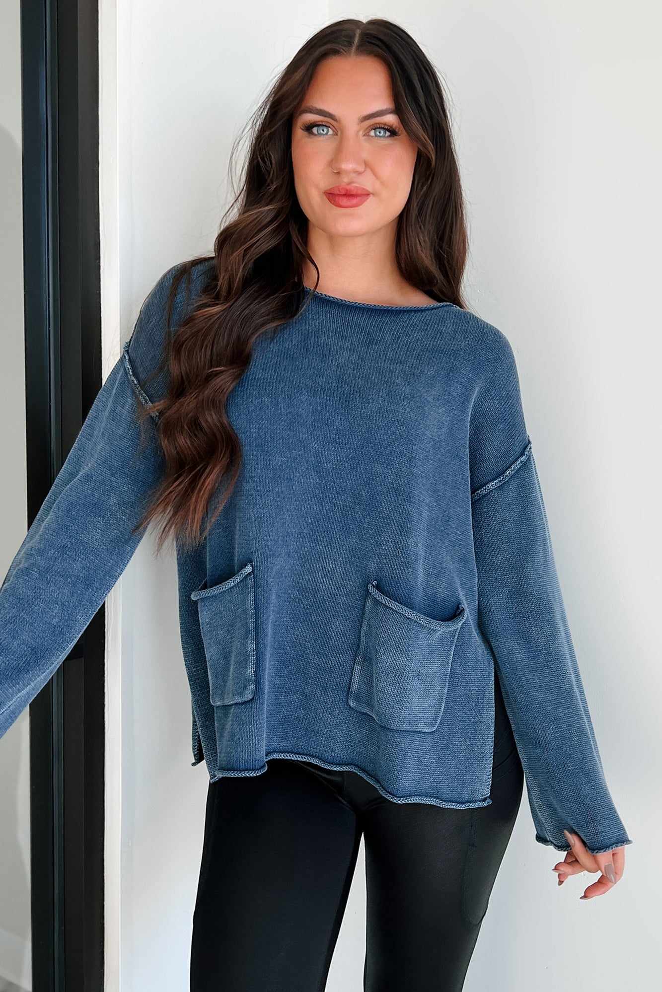 Humor Me Pocketed Sweater Top (Midnight Blue) - NanaMacs