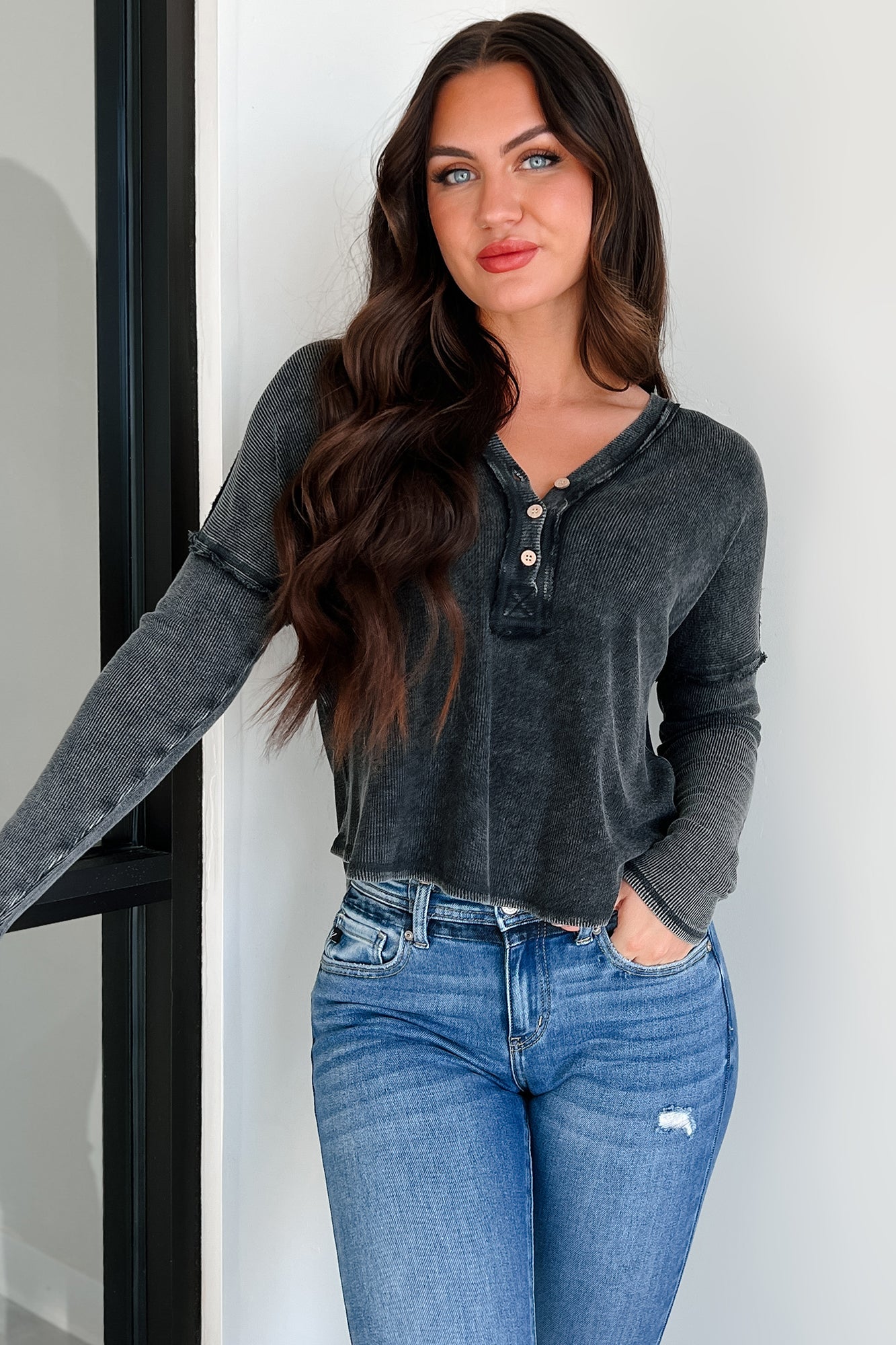 Morton Long Sleeve Henley Top (Charcoal) - NanaMacs