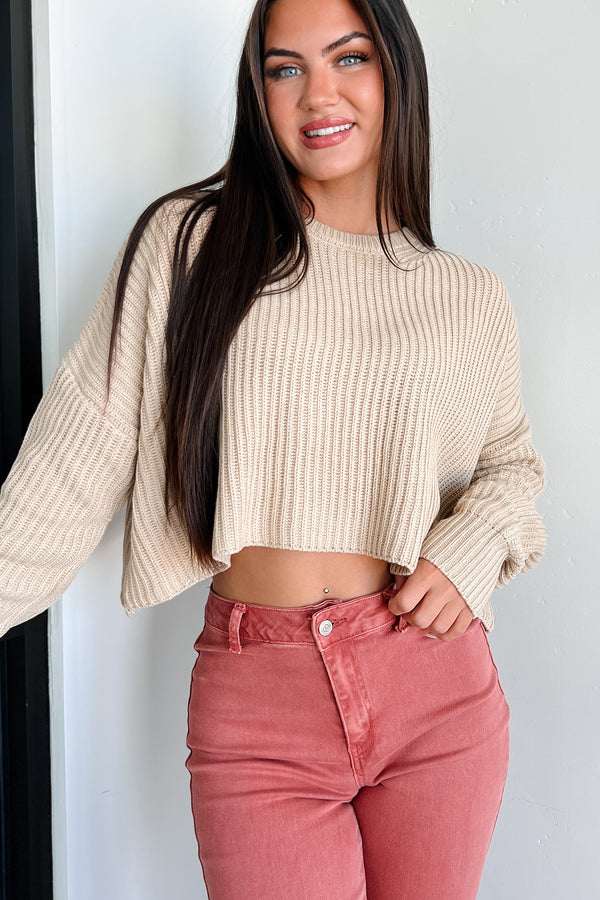 Coziest Memories Crewneck Crop Sweater (Taupe) - NanaMacs