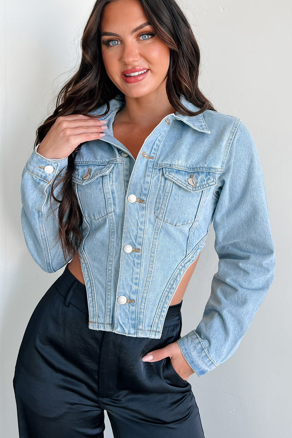 Icon Status Cropped Denim Corset Jacket (Medium Denim) - NanaMacs