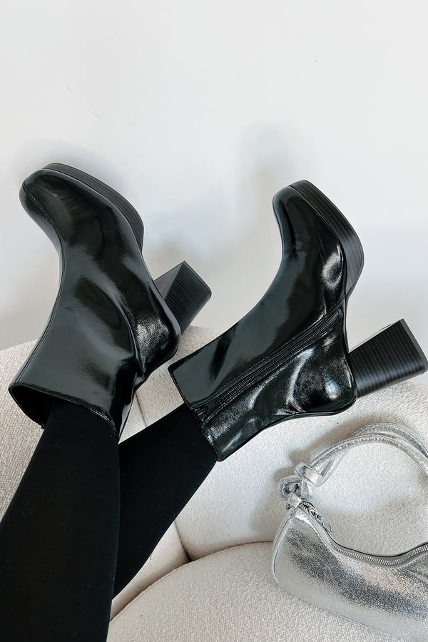 Keep On Grooving Patent Leather Platform Booties (Black/Dark Brown) - NanaMacs