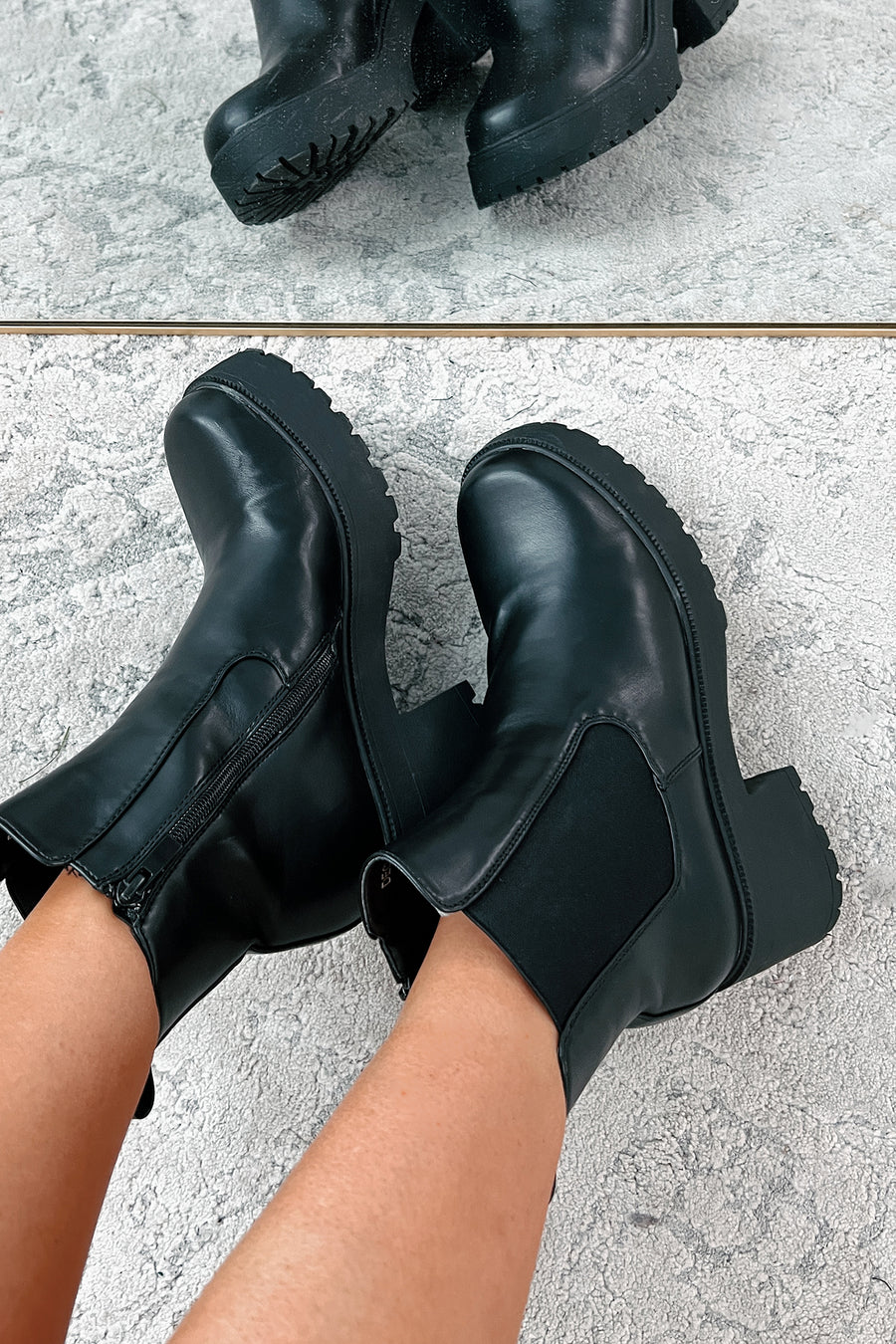 Yossi Faux Leather Platform Chelsea Boots (Black PU) - NanaMacs