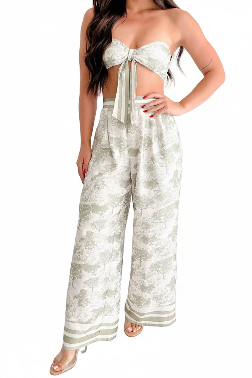 On Brand Printed Bandeau Top & Pants Set (Ivory/Sage) - NanaMacs