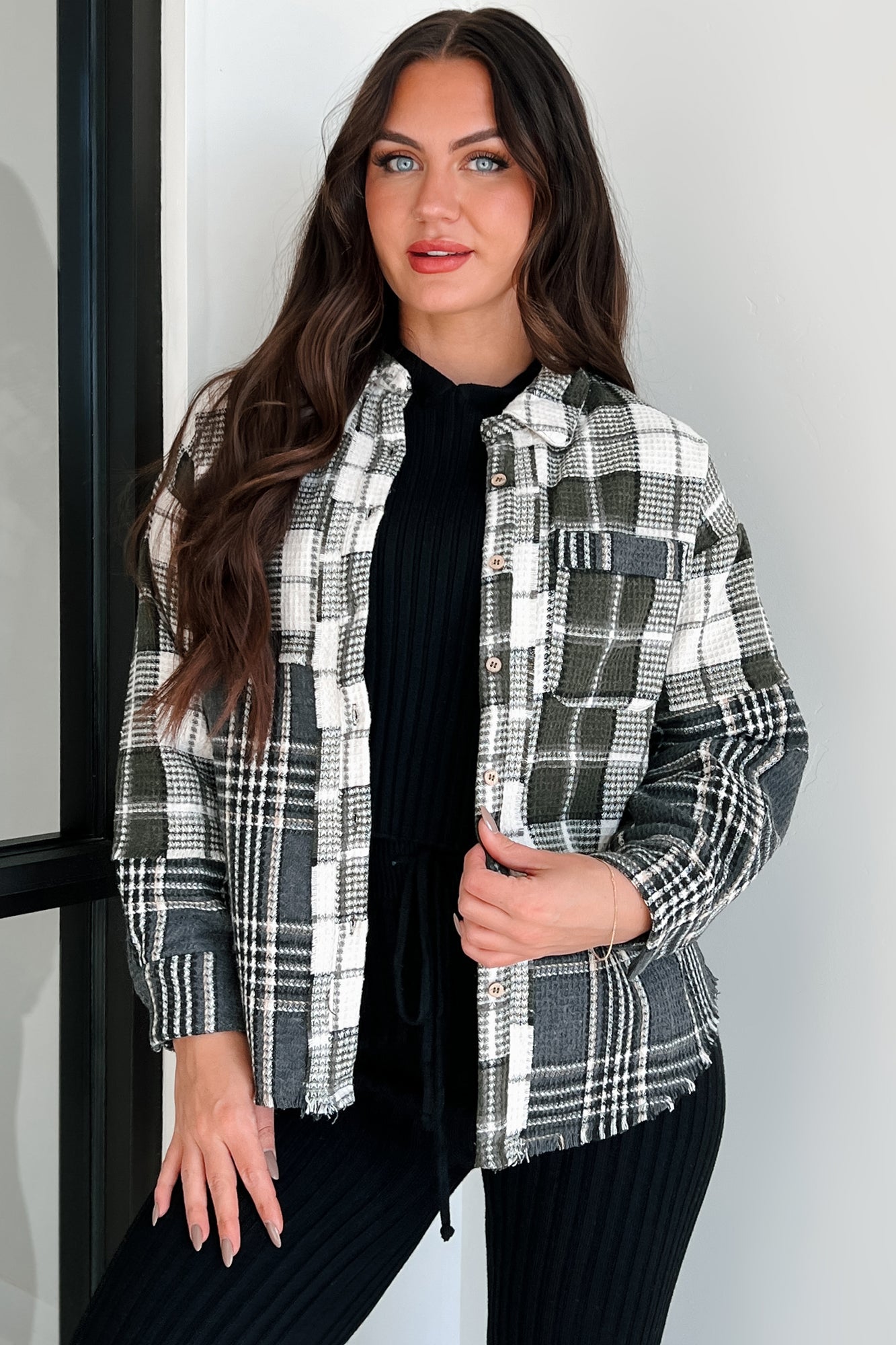 Brently Textured Plaid Shacket (Olive) - NanaMacs