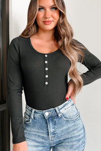 Got My Reasons Long Sleeve Button Detail Bodysuit (Black) - NanaMacs