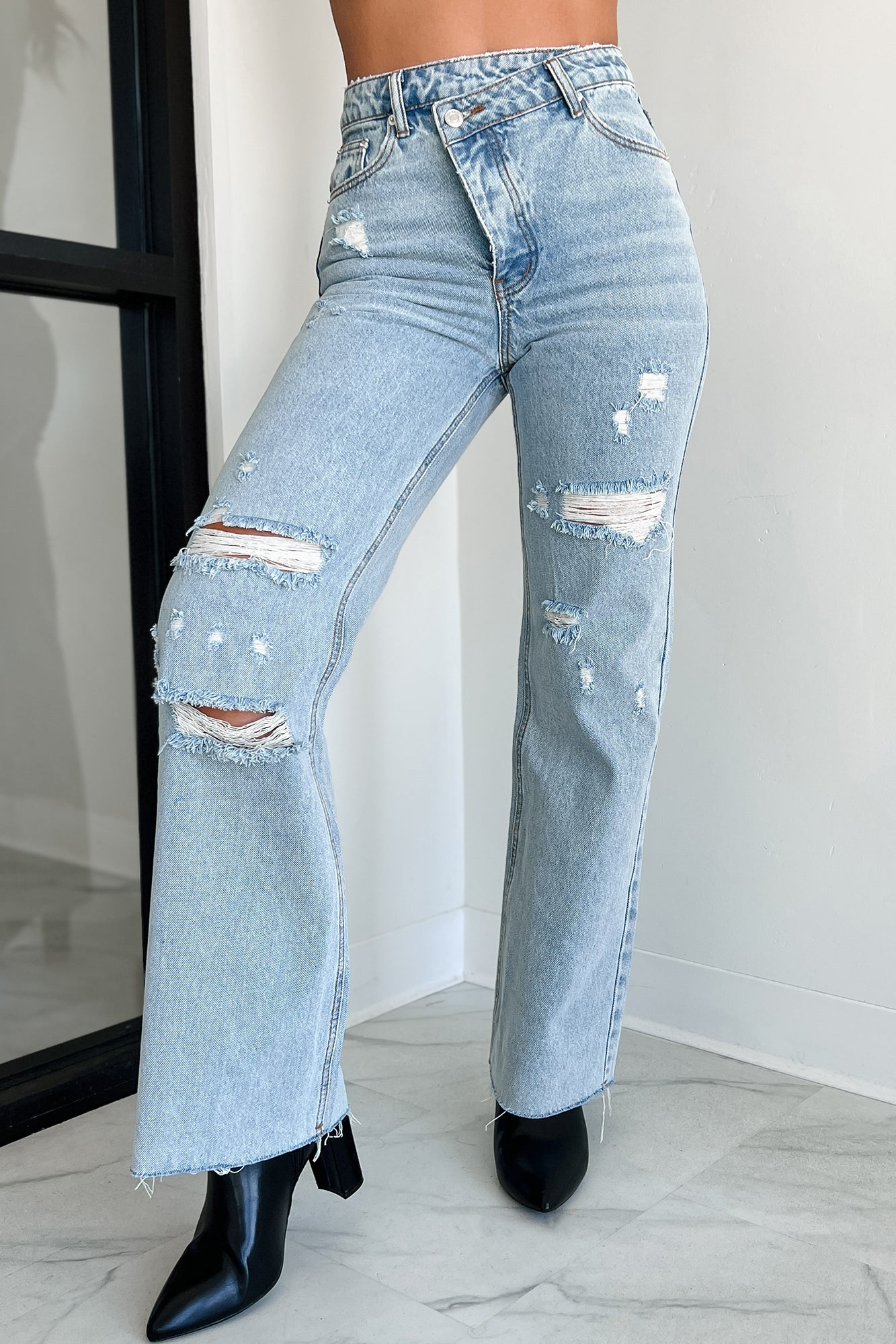 Elgin High Rise Cross-Waist Straight Leg Jeans (Light) - NanaMacs